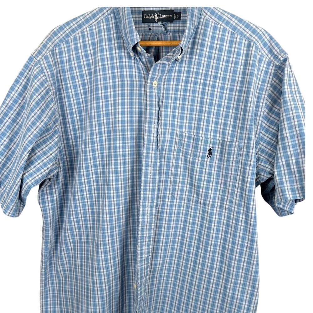Ralph Lauren Mens Blue White Plaid Short Sleeve Button Down Shirt Size L